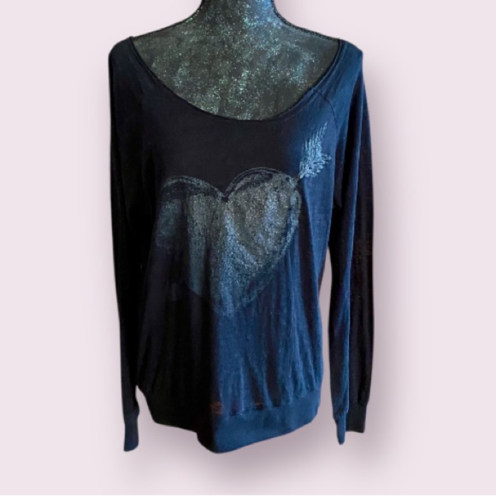 Black Burnout Boatneck Dolman Top in Black with a Silver Scribbled Heart Print